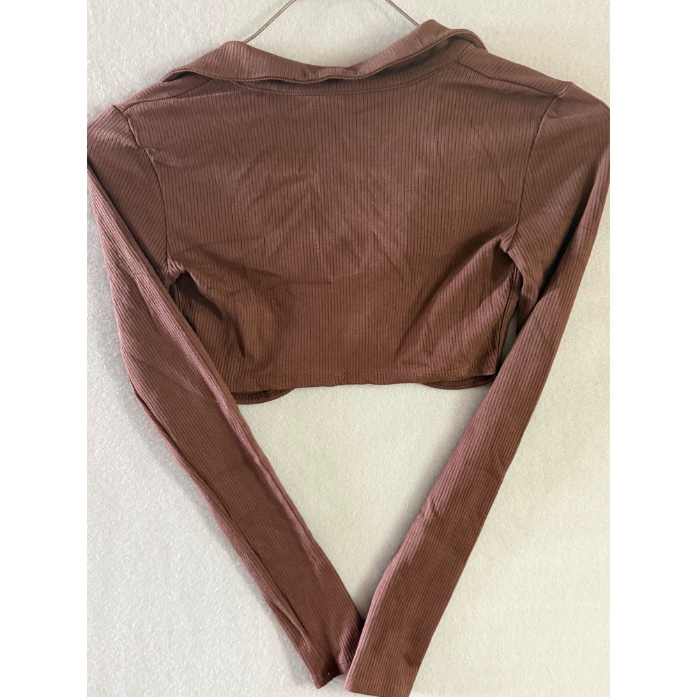 Dexire Womens S Crop Top Brown Excellent Ribbed Long Sleeve V-Neck Tulip Hem - Picture 2 of 9